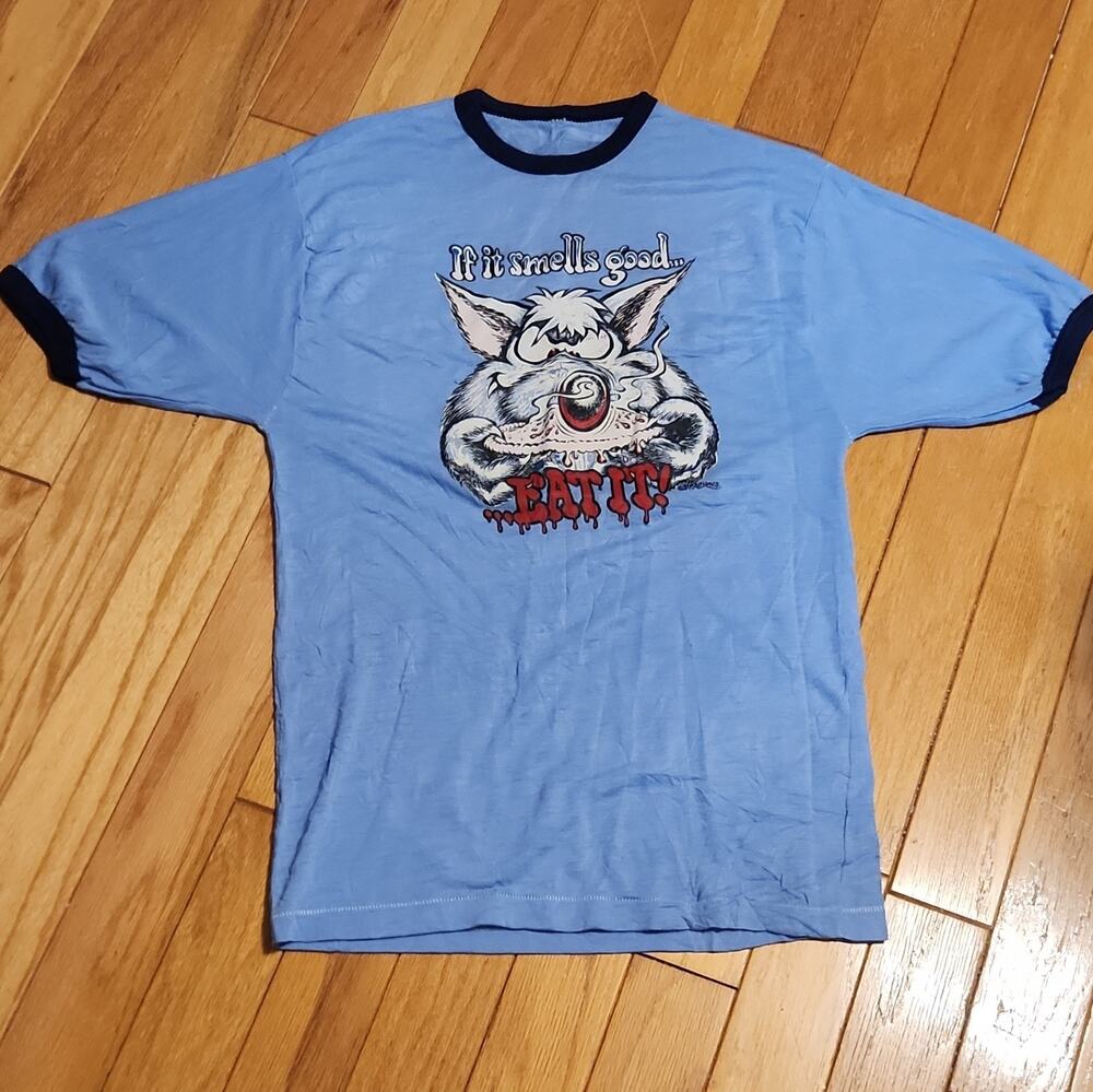 Vintage 1973 Roach Ringer T-Shirt Blue Single Stitch If It Smells Good Eat It M
